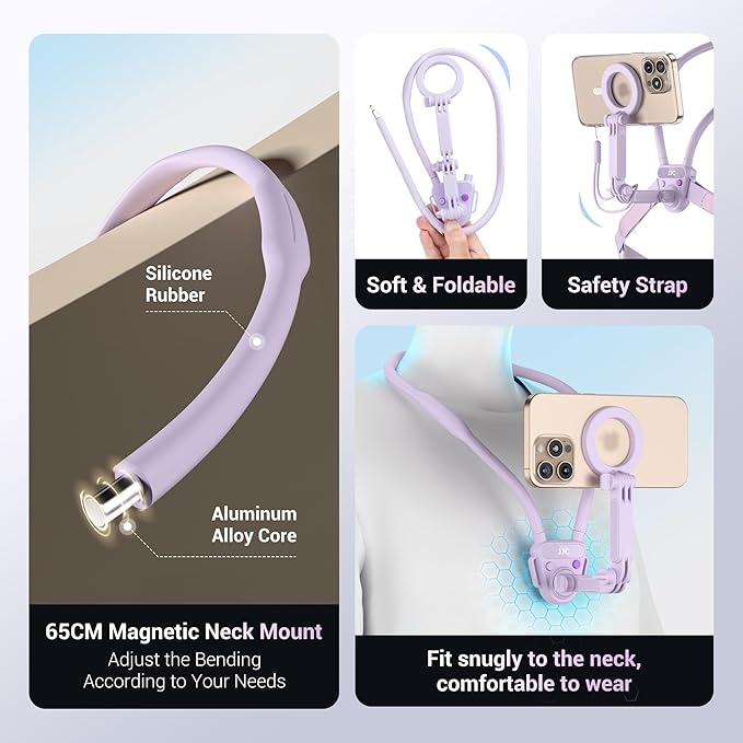 JJC Magnetic Neck Mount for Phone & Action Camera, POV Neck Holder for iPhone 17-12 Series Android Phones Gopro Insta360 with Quick Release & Angles Adjustment for Content Creating Women-Purple