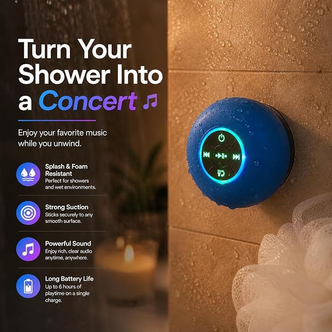 Bluetooth Shower Speaker with LED – Portable Wireless Mini Speaker with Mic & Suction Cup, IPX4 Water Resistant for Shower, Travel, Pool, River Floating, and Outdoor Fun (Blue)