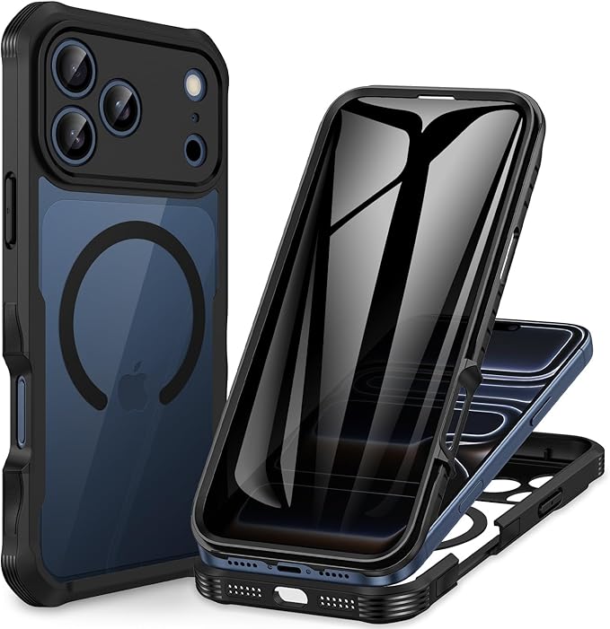 CENHUFO Magnetic Privacy for iPhone 17 Pro Case [Compatible with Magsafe] Full Body Phone Case Built-in 9H Tempered Glass Privacy Screen Protector, Camera Protection Shockproof Bumper Cover -Black