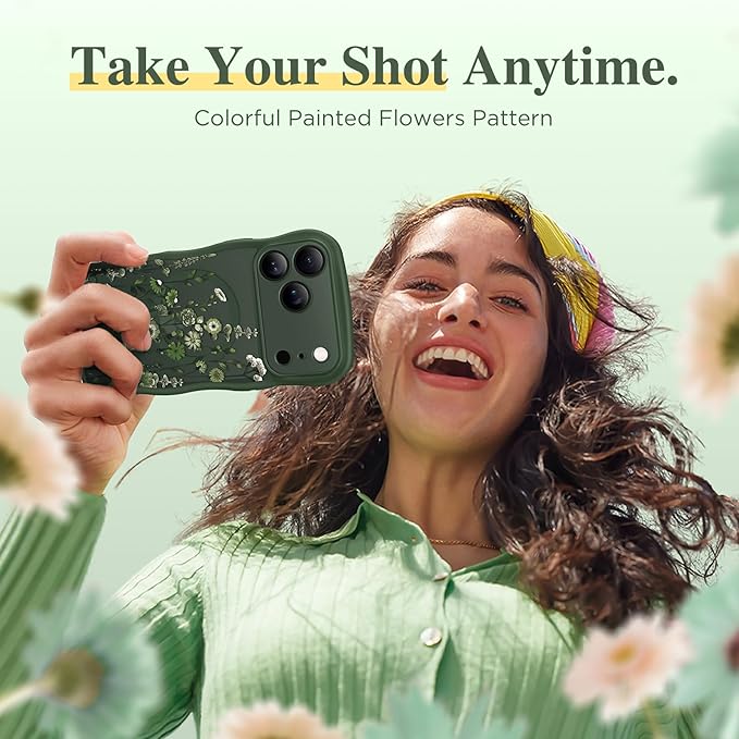 GVIEWIN for iPhone 17 Pro Max Case Compatible with MagSafe [Curly Wave Edge][Full Camera Protection] Floral Translucent Shockproof Magnetic Women Phone Case for 17 Pro Max, Floratopia/Forest Green