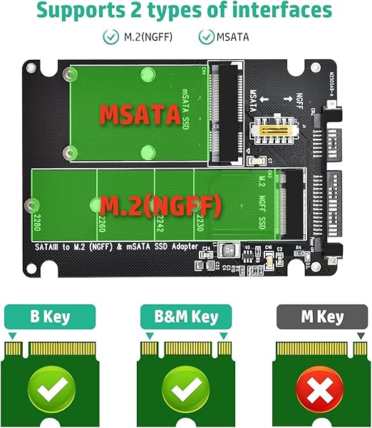 ELUTENG M.2 to SATA Adapter - 2 in 1 Converter for MSATA/M.2 NGFF SSD to 2.5" SATA III, Supports B&M Key, Not for M Key