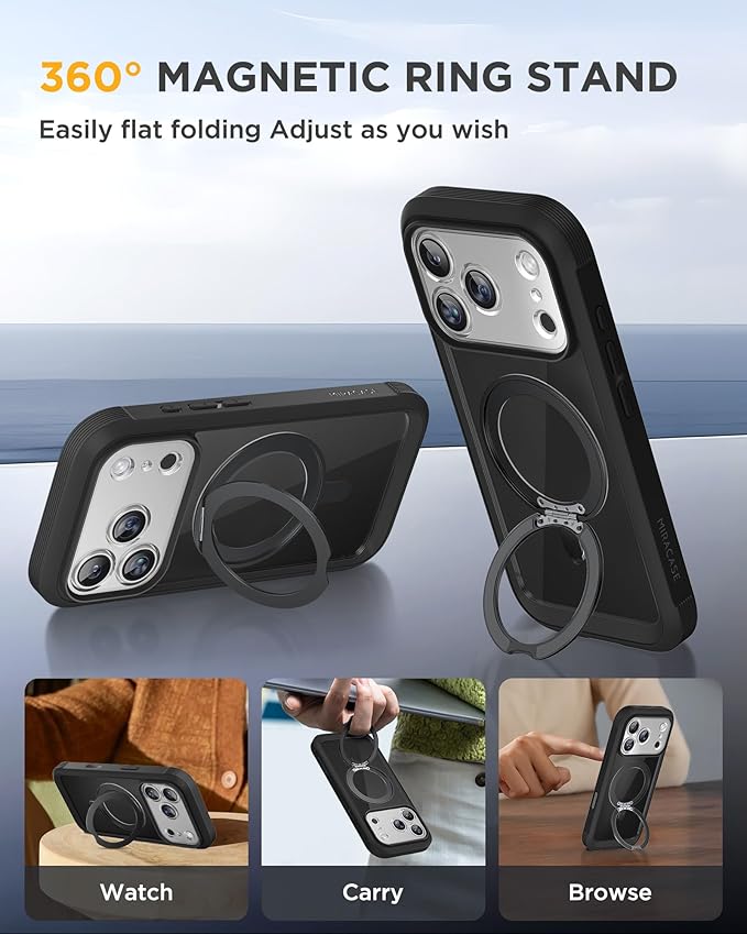 Miracase for iPhone 17 Pro Case with 360 Spin Magnetic Stand, Full-Body Phone Case with Built-in Glass Screen Protector & Camera Control, Drop Proof iPhone 17 Pro Cover, Black