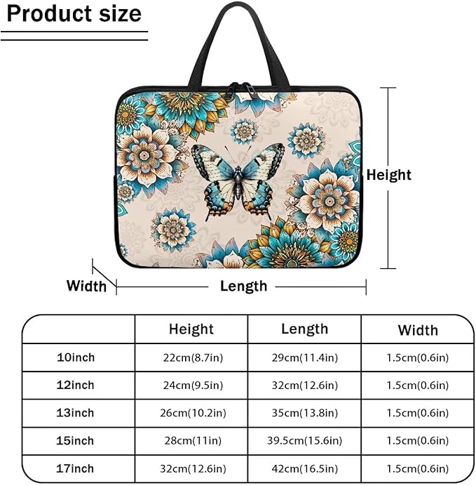 Bohemia Butterfly 13 Inch Laptop Sleeve, Laptop Cover Computer Bag Tablet Carrying Case with Handle Tote Bags Notebook Handbag Messenger Briefcase for Travel/Business/School/Work