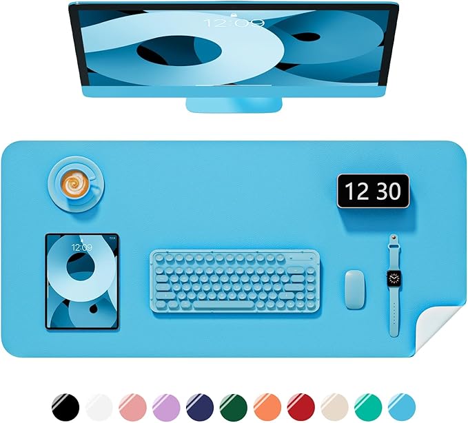 Desk Pad, 30" x 14" PU Leather Non-Slip Desk Mat Large Mouse Pad for Desktop, Waterproof Laptop Computer Writing Mat for Office, Home, Work, Gaming, Aqua Blue