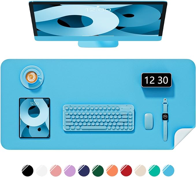 Desk Pad, 23.6" x 13.8" PU Leather Non-Slip Desk Mat Large Mouse Pad for Desktop, Waterproof Laptop Computer Writing Mat for Office, Home, Work, Gaming, Aqua Blue