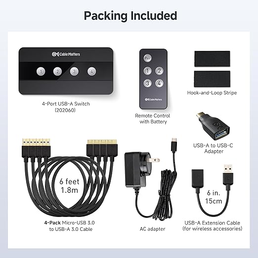 Cable Matters 4 Port USB 3.0 Switch USB Sharing Switch for 4 Computers and USBA Peripherals - Button or Wireless Remote Control Switching - Includes a USBC Adapter for USBC USB4 and Thunderbolt 4