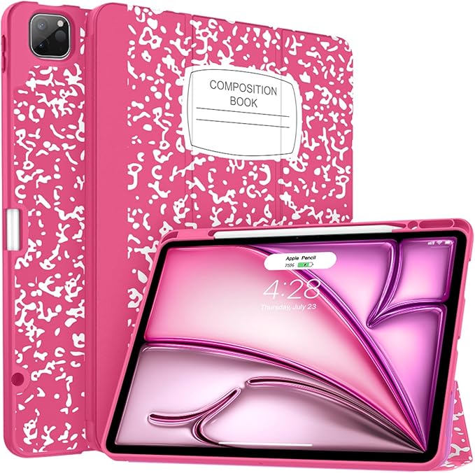 Soke Case for iPad Air 13 Inch (M4/M3/M2,2026-2024), iPad Pro 12.9" 6th/5th Generation with Pencil Holder(2021 2022 Release)-[Apple Pencil Charging + Auto Wake/Sleep] Soft Back Cover, Book Hot Pink