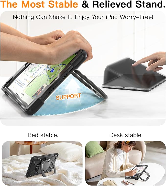 BATYUE Case for iPad 6th Generation 9.7 inch 2018, iPad 5th Gen 2017, iPad Air 2/ iPad Pro 9.7'',Shockproof Protective Cover with Pencil Holder &Rotating Bracket &Shoulder Strap (Black)