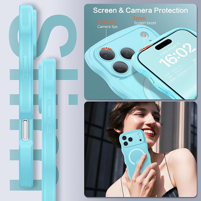 BENTOBEN Magnetic for iPhone 17 Pro Max Case, Cute Wavy [Full Camera Protection][Compatible with MagSafe] Matte Anti-Slip Bumper Women Girls Boys Protective Cover for 17 ProMax 6.9" 2025, Sky Blue