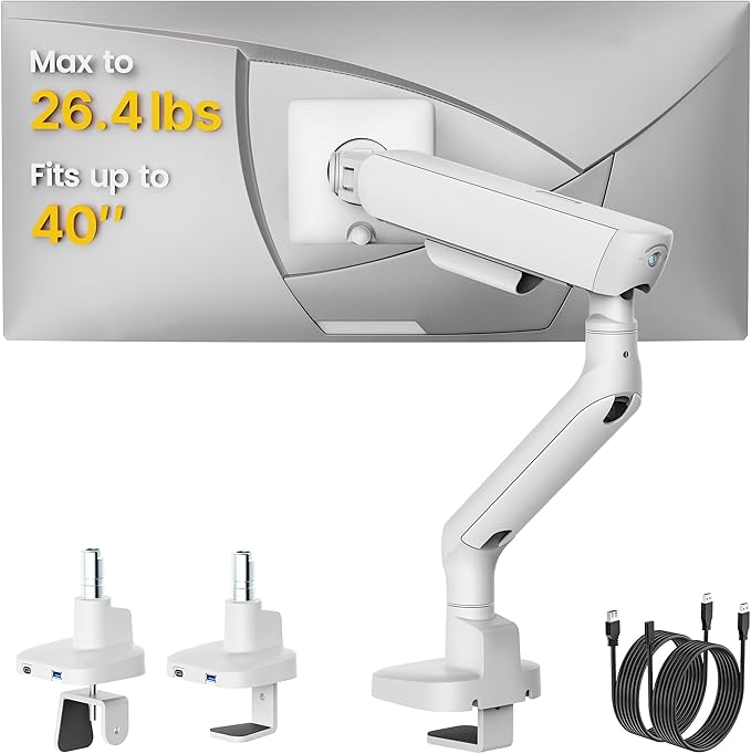monTEK Single Monitor Arm with USB, Mechanical Spring Monitor Arm for 17-40" Screens, Adjustable Monitor Desk Mount Holds up to 26.4 lbs with C Clamp/Grommet Desk Mount, VESA 75/100mm