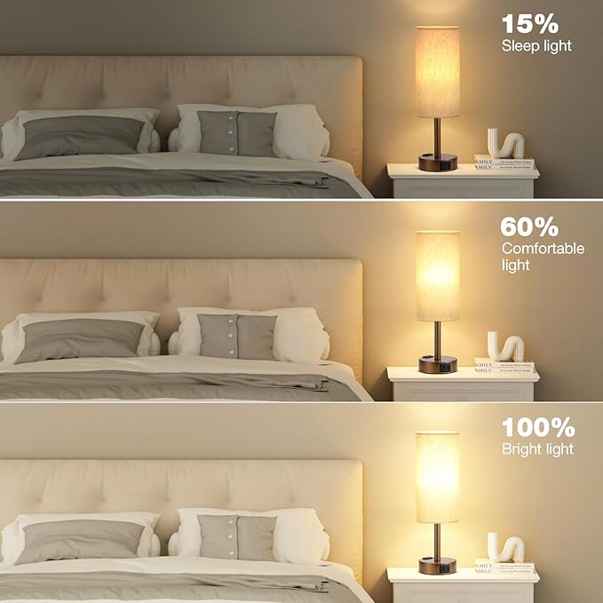 Fenmzee Brown Bedside Table Lamp for Bedroom - 3 Way Dimmable Touch Lamp USB C Charging Ports and AC Outlet, Small Lamp Round Flaxen Cream Fabric Shade for Living Room, Desk, LED Bulb Included