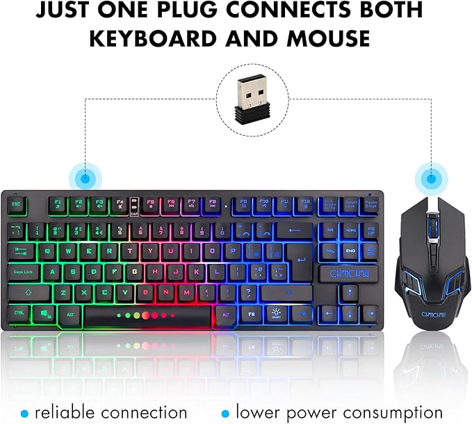 Gaming Wireless TKL Keyboard Mouse Combo Rechargeable LED Backlit Tenkeyless Compact 87 Keys 6 Button for Computer Laptop PS4 PS5 Switch Compatible with Windows XP/7/8/10 iMac MacBook Xbox one X