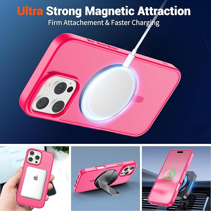 SUPFINE Magnetic for iPhone 16 Pro Max Case (Compatible with MagSafe) (Military Grade Drop Protection) Slim Translucent Matte Shockproof with Anti-Fingerprint Phone Case, Hot Pink