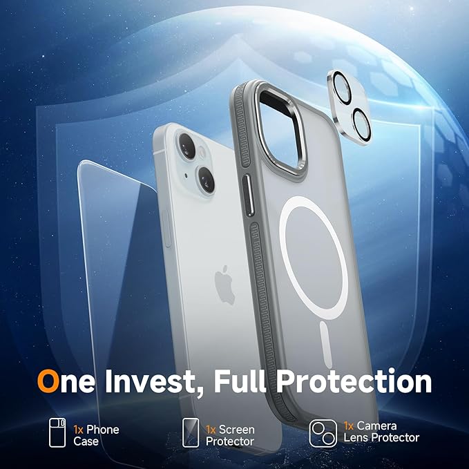 DOMAVER Magnetic 3 in 1 for iPhone 15 Case, [Omni-Directional Protection] with 1x Screen Protector + 1x Camera Cover, [Seamless Work with Magsafe] Protective Silm Case for iPhone 15 Light Gray