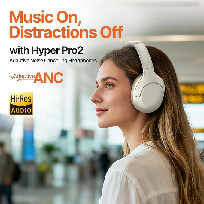VOKALEN Hyper Pro 2 Bluetooth Headphones Over Ear, Hi-Res Audio, Adaptive Noise Cancelling, 60H Playtime, DEEP360 Spatial Sound, Comfort Mesh Ear Cushions, Deep Bass, Custom EQ (Pro 2, Ivory White)