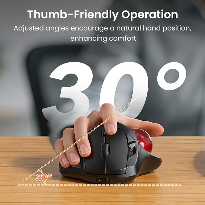 SABLUTE MAM2 Wireless Trackball Mouse, Rechargeable Ergonomic Mouse with Thumb Control for 3 Devices (Bluetooth and USB), 5-Level DPI, Silent Click, Compatible PC Laptop Mac iPad, Easy Clean