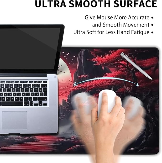 Black Red Japanese Mouse Pad XXL Moon Sakura Cherry BLoosm Tree Extended Table Mat 90X40 cm Non-Slip Rubber Base Stitched Edge Large Mousepad for Gaming Laptop Computer Desk Top 35.4×15.7 Inch