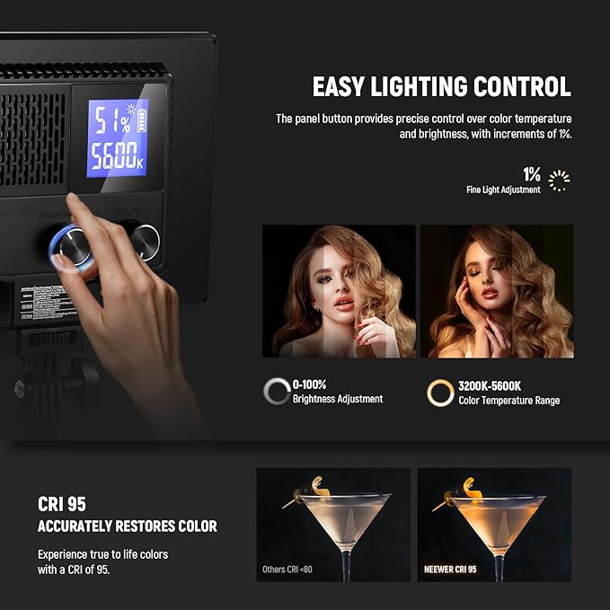 Neewer 9" LED Video Light Panel, Dimmable DSLR Camera Soft Lighting, 4000mAh Rechargeable Battery, USB Type C Ports, 3200K~5600K CRI95+ 600Lux for Photography Video Recording Live Streaming, NL-116AI