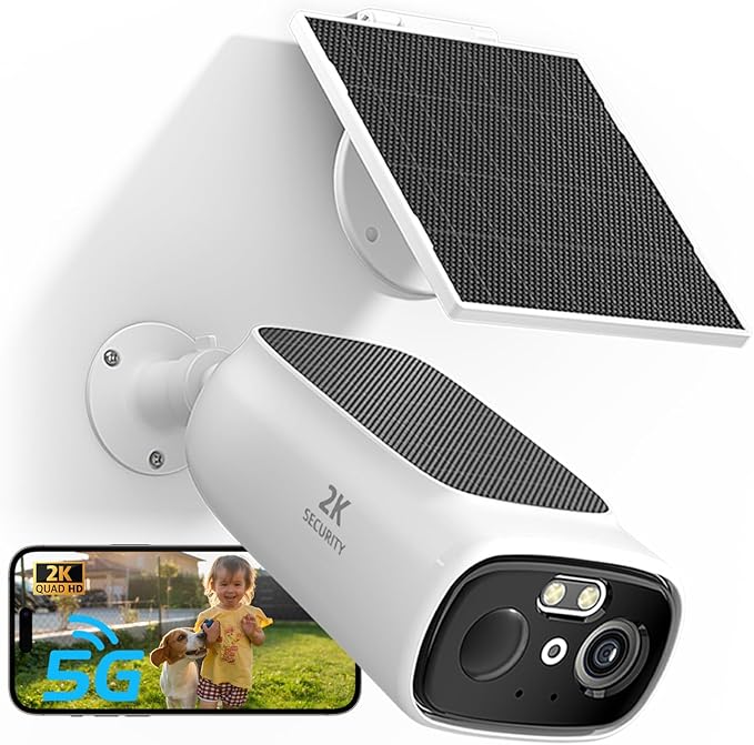 ELECCTV 2K Solar Camera Outdoor Wireless, 2.4/5 Ghz WiFi Cameras for Home Security,130°-Wide View,Color Night Vision, IP65 Waterproof,2-Way Audio,Cloud/SD, Support Alexa
