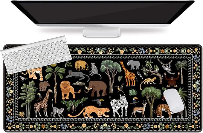 L-SPOUTTO Jungle Animal Desk Mat for Keyboard and Mouse,XXL Large Mouse Pad Non-Slip Keyboard Pad Waterproof Desktop Mat for Laptop Computer Work Game Home Office-Black