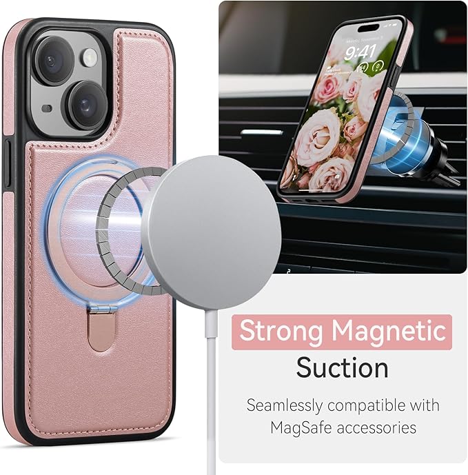 for iPhone 14 Plus Case with Stand Compatible with Magsafe Slim PU Leather & Durable TPU Drop Proof Magnetic Kickstand Protective Cover with Tempered Glass Screen Protector 6.7", Rose Gold