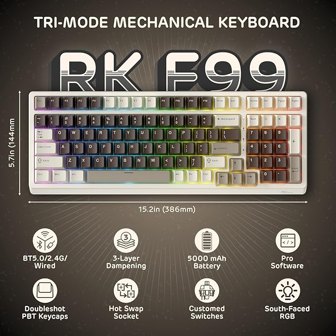 RK ROYAL KLUDGE F99 Wireless Mechanical Keyboard with Numper Pad, Tri-Mode Hot Swappable 95%100 Keys Gaming Keyboard BT/2.4G/USB-C, Pro Software, 5000mAh Battery, Customed Tactile Switches