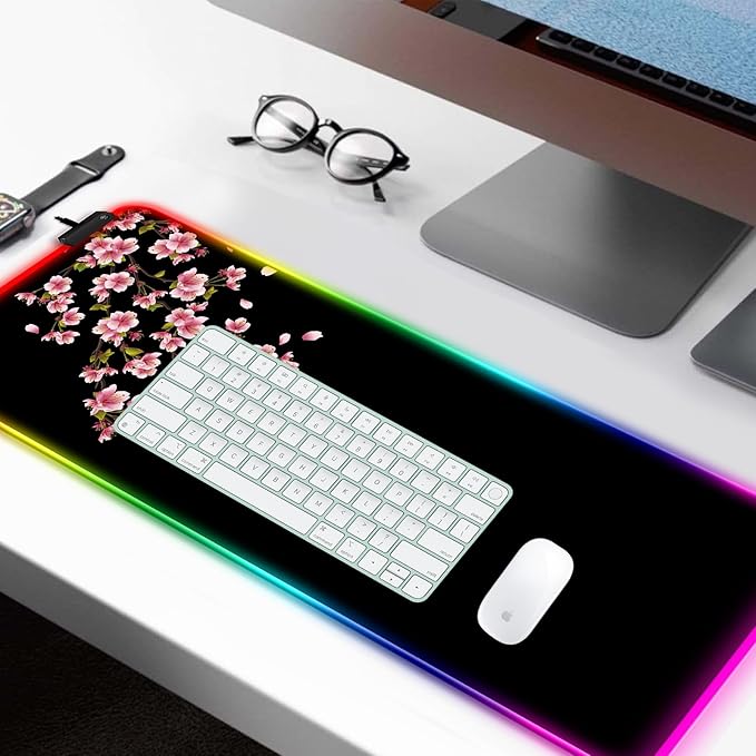 RGB Japanese Cherry Blossom Gaming Desk Mat, Computer Keyboard Large Extended Flowers LED Mouse Pad for Office and Home, 31.5×11.8 Inches, XL, Black