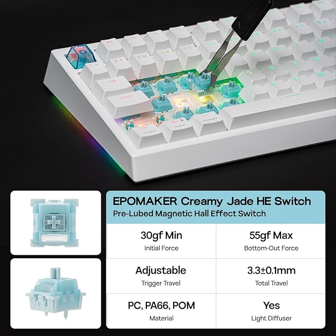 EPOMAKER G84 HE Wireless Hall Effect Keyboard, 8K Polling & 8000mAh, SOCD & DKS, Gaming Keyboard with Fast Trigger & Adjustable Actuation, RGB Backlit, PBT Keycap, Hot-Swap, for Win/Mac (White)