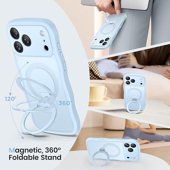 CAPRARO for iPhone 17 Pro Case with 360° Spin Magnetic Stand for Women, [Compatible with MagSafe] [Full Camera Protection] Cute Wave Translucent Matte Case for iPhone 17 Pro, Light Blue