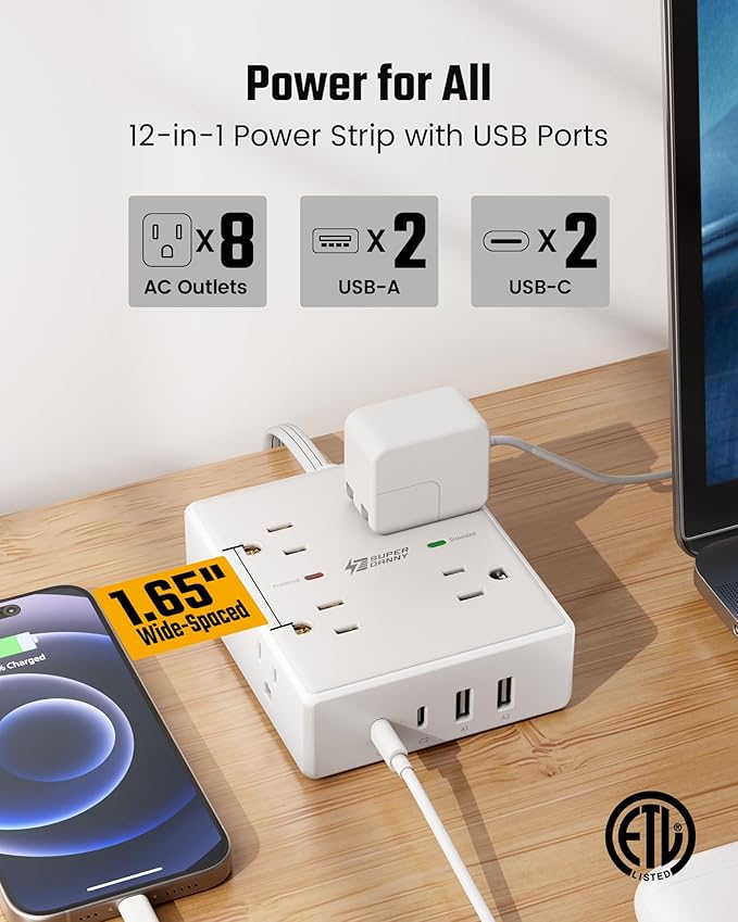 20Ft Long Extension Cord, Flat Plug Power Strip with 8 Outlets & 4 USB Ports (2 USB C), Wall Mountable Surge Protector, Desk Charging Station for Home Office, College Dorm Room Essentials