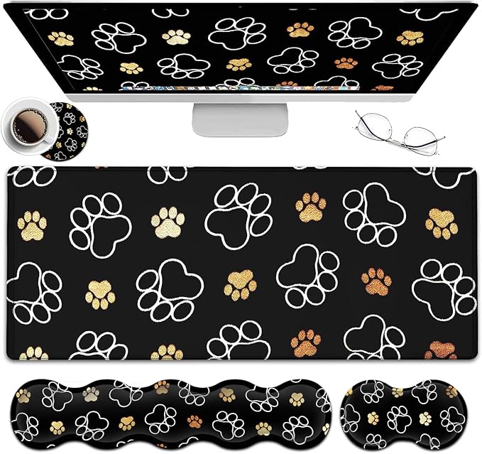 Gaming Mouse Pad XXL Large Desk Mat Non-Slip Rubber Mice Pads Stitched Edges(31.5x11.8 in) Ergonomic Premium Memory Foam Keyboard Wrist Rest and Cute Dog Paw Prints Extended Black Mouse Pad Set