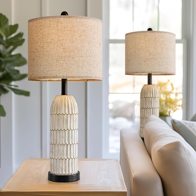 OYEARS 26.5" Bedside Table Lamps Set of 2, Farmhouse Table Lamp with USB A+C Charging Ports,Vintage Nightstand Lamp for Bedrooms and Living Rooms, Retro Resin End Table Lamp with Linen Shade,Black