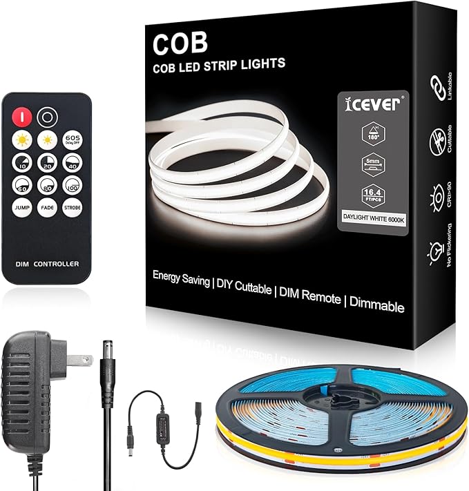COB LED Strip Lights, ETL Listed Daylight White Light Strip 6000K, 16.4ft 24V COB Lights with 1600 LEDs, CRI 90+, Remote, 24V Adapter, LED Light for Cabinets, Home Lighting Indoor Decoration
