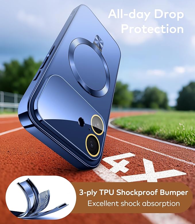 TOBOVON Magnetic for iPhone 17 Case with Ring Stand, Fits MagSafe, with Built-in Camera Lens Protector, Slim Electroplated Shockproof Phone Cover, Blue