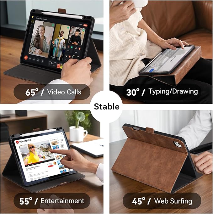 Handmade Case for iPad Pro 11 Inch (M5/M4) 2025/2024 with Pencil Holder Pocket,Magnetic Closure,Auto Sleep/Wake,Vegan Leather Folio Protective Cover,Multi Angles Stand,Dark Brown