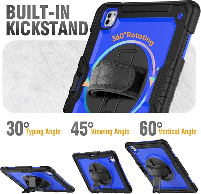 HXCASEAC for iPad Pro 13 Inch Case (M5/M4) 2025/2024, Shockproof Design with Pencil Holder, Protector, Rotating Stand, Hand Strap, Heavy Duty Protective iPad Pro13 Cover A3360 A3361 A2925 A2926, Blue