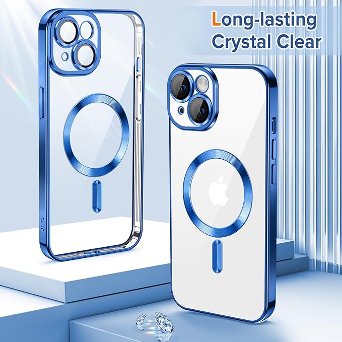 Hython Magnetic Clear for iPhone 14 Plus Case with Camera Lens Protector [Compatible with MagSafe] Luxury Plating Edge Slim Soft TPU Cover Protective Phone Case for iPhone 14 Plus 6.7", Deep Blue
