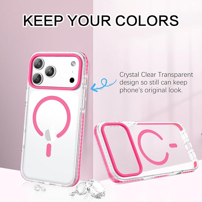 BENTOBEN Magnetic for iPhone 17 Pro Max 6.9" Case, Compatible with Magsafe Military Shockproof Protective Bumper Cute Transparent Slim Anti-Yellowing Case for iPhone 17 Pro Max Cover, Clear Hot Pink