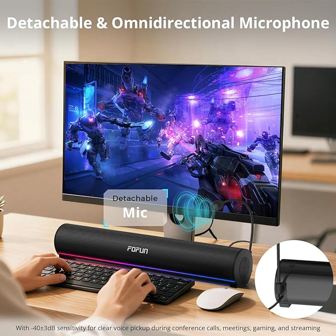 Computer Sound Bar with Detachable ENC Microphone, Enhanced Bass Gaming Soundbar, Bluetooth 6.0, USB-A Plug and Play, PC and Bluetooth Mode, 3EQ, 10 RGB Speaker for Gaming, Music,Meeting