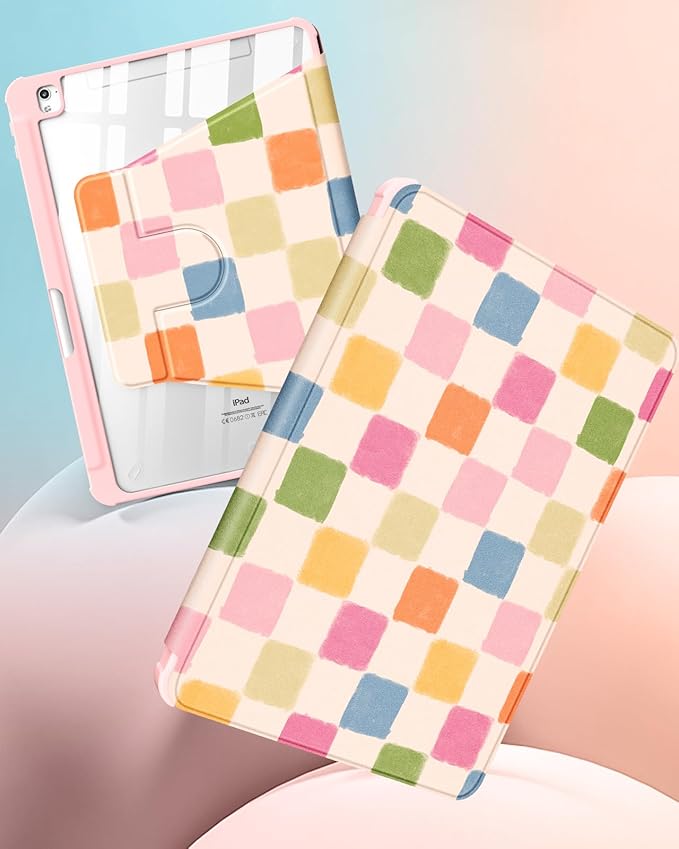 Uppuppy for iPad 9th/8th/7th Generation Case for iPad Air 3rd/ Pro 10.5” Case - 360 Rotating Stand Folio Smart Cover with Pencil Holder for Women, Colorful Checkered for Apple Tablet 7/8/9 Gen 10.2”