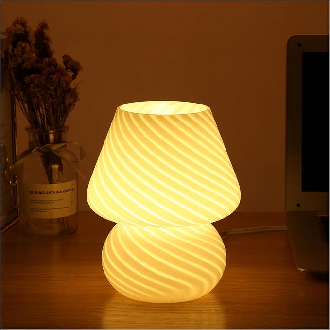 BSOD Mushroom Lamp,Glass Table Bedside Lamps Translucent Murano Vintage Style Striped Small Night Mushroom Decor Light Swirl for Ambient,Kids,Bedroom,Living,Girl Gift (Stripe White)