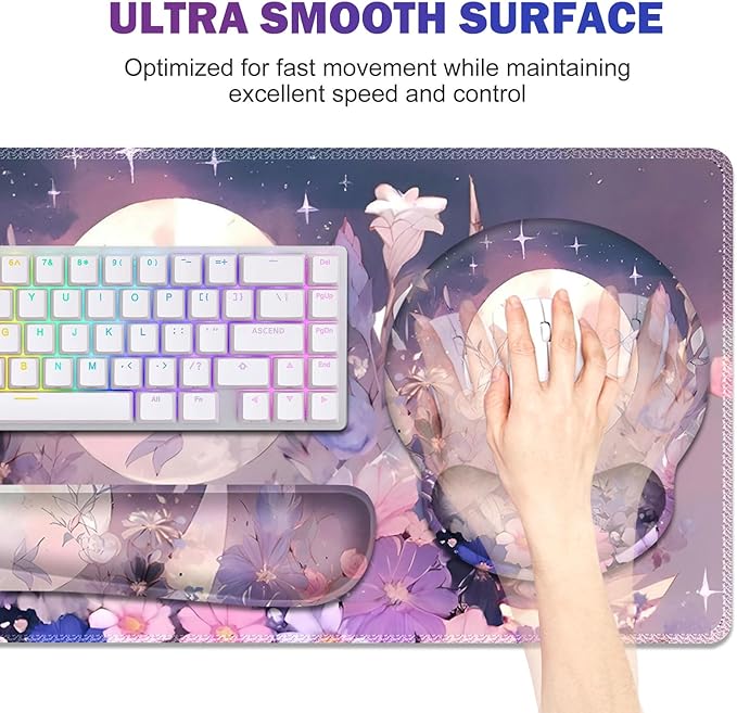 Large Desk Mat, Gaming Mouse Pad, Desk Pad Protector, XXL Mousepad + Keyboard Wrist Rest+Mouse Wrist Rest+Coaster Set with Ergonomic Desk Pad for Home Office PC Computer, Pastel Purple Flower Moon
