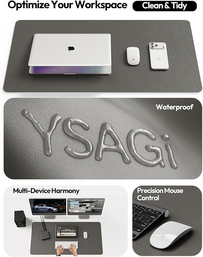 YSAGi Leather Desk Protector, Office Mat, Large Mouse Mat, Non-Slip PU Leather Blotter, Laptop Desk, Waterproof Writing Pad for Office and Home (Dark Grey, 23.6" x 13.8")