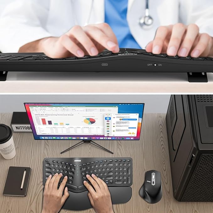 Arteck Ergonomic Keyboard with Cushioned Wrist Palm Rest, Multi-Device Wireless Bluetooth with USB-A USB-C Receiver Comfortable Ergonomic Split Keyboard, for Windows Computer Laptop PC Tablet