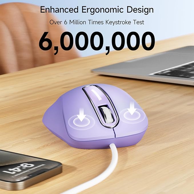 memzuoix Wired Mouse, USB Computer Mouse 1400 DPI Mobile Optical Mouse Ergonomic Design Computer Mice with 5FT Cord for Laptop, PC, Desktop, MacBook, 5 Buttons (Lilac)
