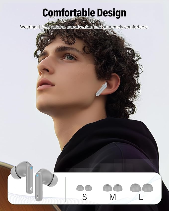 Btootos Wireless Earbuds, Bluetooth 5.4 Headphones Bass Stereo, Ear Buds with Noise Cancelling Mic, IP7 Waterproof in Ear Earphones, 36H LED Display Bluetooth Earbuds for Laptop Pad Phones, Fog Gray