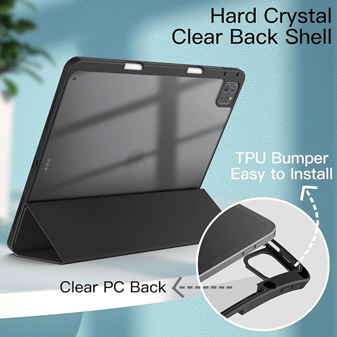 JETech Case for iPad Pro 12.9-Inch (2022/2021/2020/2018) with Pencil Holder, Clear Transparent Back Shell Slim Stand Shockproof Tablet Cover, Auto Wake/Sleep (Black)