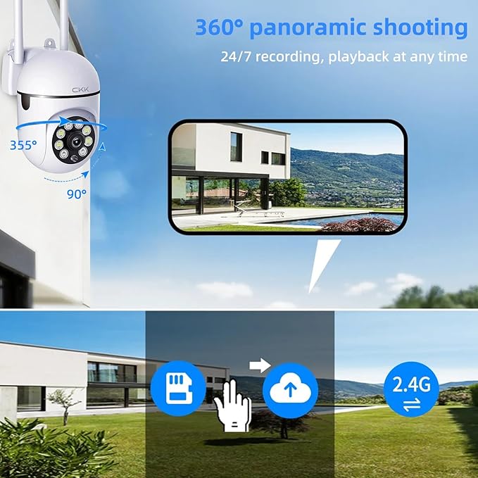 CKK 1080P Security Camera Outdoor Corded Power, 2MP PTZ WiFi Home Camera (2.4G/5G Dual-Band), 360° Pan/Tilt, Color Night Vision, Motion Alerts, 2-Way Audio, Compatible with Alexa, SD/Cloud Storage