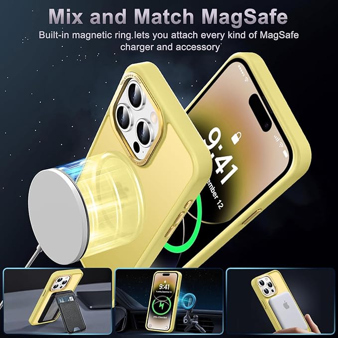 Newfuture Designed for iPhone 14 Pro Max Case with Magnetic [13 FT Military Drop Protection] [Compatible with Magsafe] Slim Translucent Matte Shockproof with Anti-Fingerprint Phone Case, Yellow