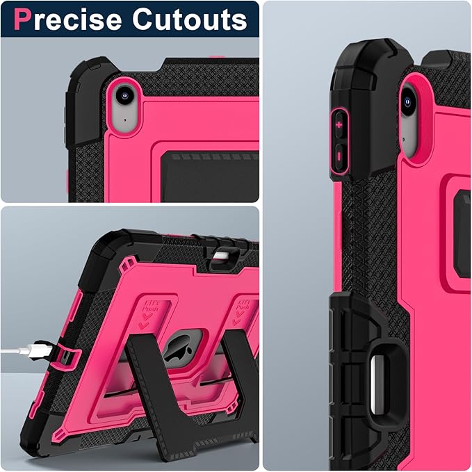 Kids Friendly Case for iPad Air 11 Inch M4 M3 M2 2026/2025/2024 Case with Pencil Holder & Shoulder Strap, Military Grade Shockproof Kickstand Hard Shell Protective Cover,Black+Rose